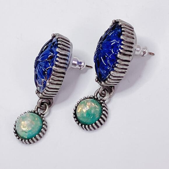 Vintage Signed Avon NR Nina Ricci Blue Lucite Faux Opal Dangle Earrings 1980s - Picture 8 of 11